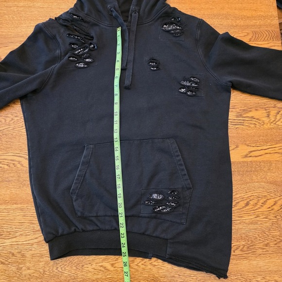 La La Anthony M Hoodie Distressed Black With Sequins Pullover Shoulder Cutout - Picture 6 of 16